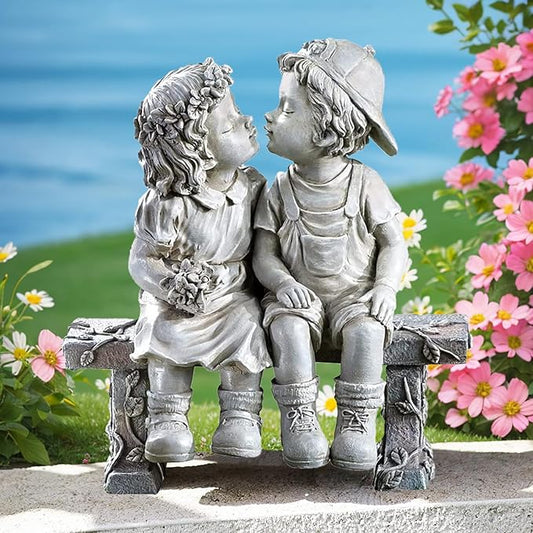 Boy and Girls Statues Outdoor Decorative for Garden, Fisrt Kiss Yard Statue for Patio Porch Lawn Bookshelf Decor, Couple Garden Sculpture, 8 1/4" L x 4 3/4" W x 9" H
