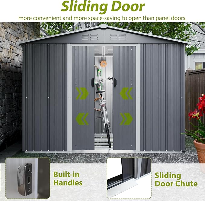 10X8 FT Outdoor Storage Shed, All Weather Metal Sheds with Lockable Doors, Tool Shed for Garden, Patio, Backyard, Lawn (Grey with Floor Frame, 8x6 ft)