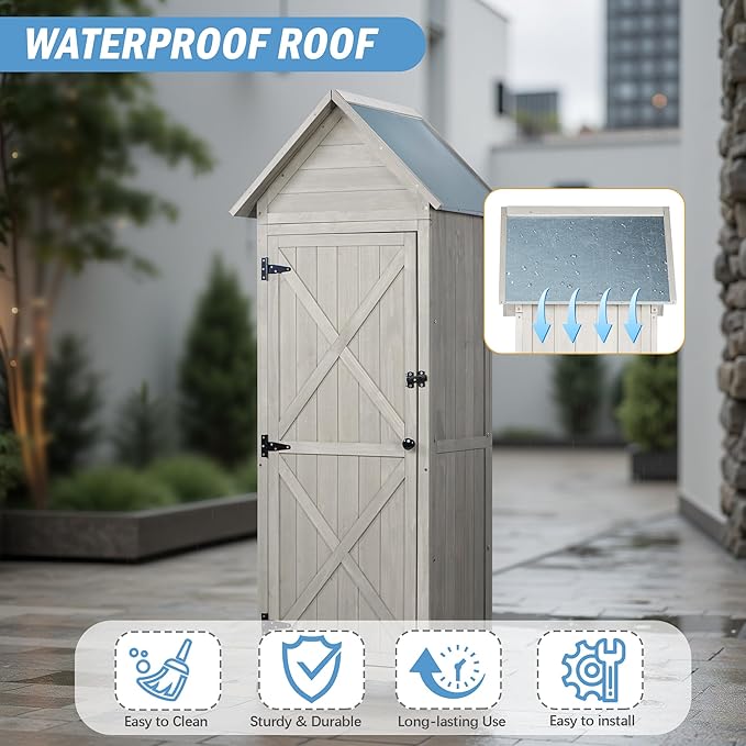Wooden Outdoor Storage Cabinet,Tall Vertical Garden Tool Shed with Waterproof Metal Roof & Adjustable Feet – Perfect for Yard, Patio, Lawn & Deck (Gray, 22" x 26" x 67")