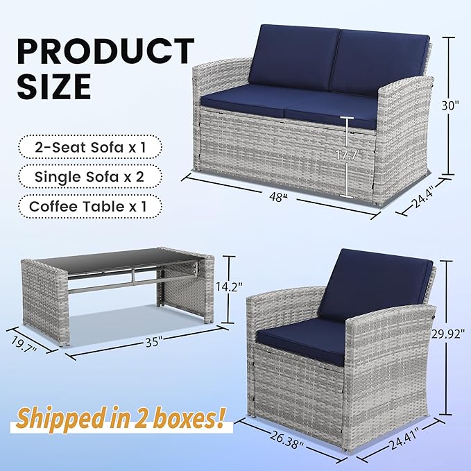 4 Pieces Patio Conversation Set, Outside Rattan Sectional Sofa, Cushioned Furniture Set, Wicker Sofa Ideal for Garden, Porch, Backyard, Grey Color Rattan and Blue Cushion