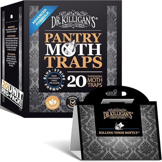 Dr. Killigan's Premium Double Potent Pantry Moth Traps with Pheromones Prime, Sticky Indian Meal Moth Traps for Kitchen, How to Get Rid of Moths in House, Organic Moth Pheromone Traps (20 Pack, Black)