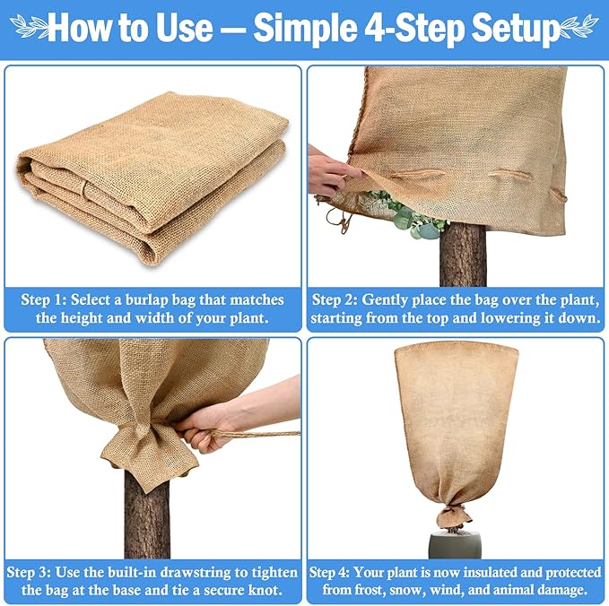Legigo 3 Pack 45 X 70 Inch Burlap Plant Covers Freeze Protection Bags, Large Winter Plant Frost Covers with Drawstring, Reusable Tree Covers Burlap Frost Cloths Protection for Outdoor Plants Shrubs