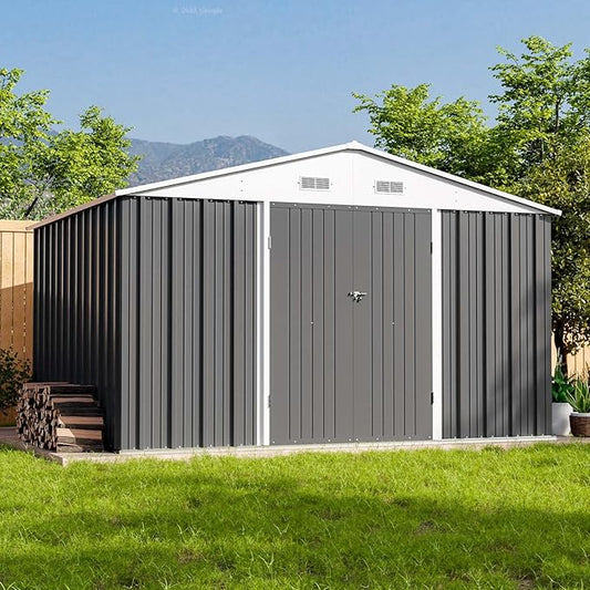 Patiowell 10 x 8 FT Outdoor Storage Shed, Large Garden Tool Metal Shed with Sloping Roof and Double Lockable Door, Outdoor Shed for Backyard Garden Patio Lawn,Grey