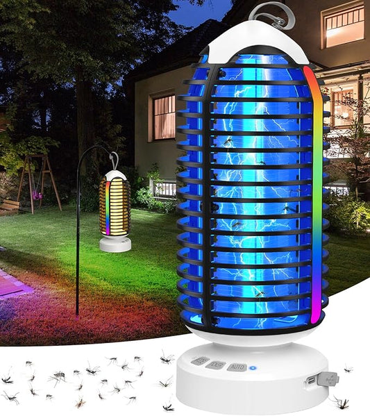 Bug Zapper Outdoor with Colorful Lighting and Auto-Sensing, 3 in 1 Cordless 4000mAh Battery Electric Fly Trap, Rechargeable Mosquito Zapper for Camping, Patios, Garden, Kitchen (1Pack-Black)