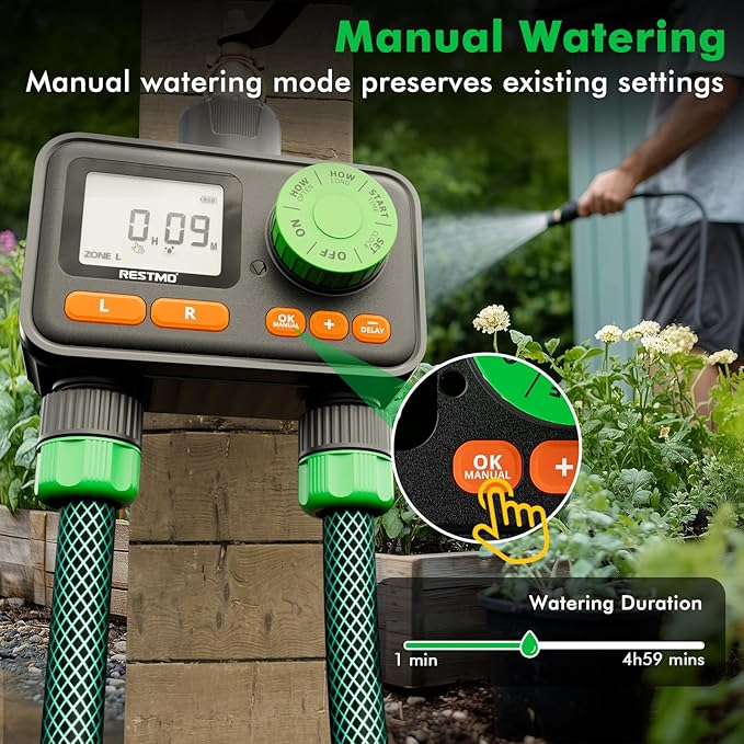 [2 Pack] RESTMO 2 Zone Sprinkler Timer, Programmable Water Timer for Garden Hose, Automatic Digital Control | Manual ON/Off | Rain Delay for Outdoor Faucet, Drip Irrigation and Lawn Watering System