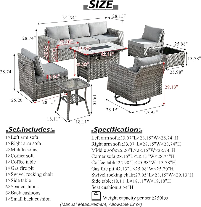 HOOOWOOO 9 Piece Modular Patio Outdoor Sectional Furniture Set with Large Propane Fire Pit Table,Wicker Conversation Sofa Set with Swivel Chairs,Outside Couch Set(Dark Grey)