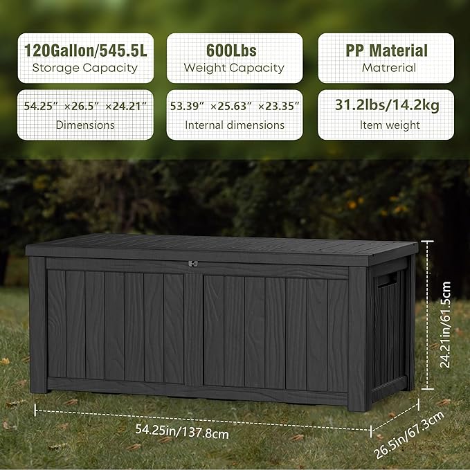 150 Gallon Waterproof Large Resin Deck Box Indoor/Outdoor Lockable Storage Container and Seating for Garden, Pool, and Patio (150 Gallon, Black)