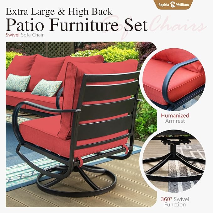 Sophia & William Patio Furniture Sets for 7 Outdoor Conversation Set 7 Pcs with 2 x Swivel Sofa Chairs, 2 x Armrest Chairs, 1 x 3-Seat Sofa, 2 x Ottomans for Coffee Garden Backyard Poolside Red