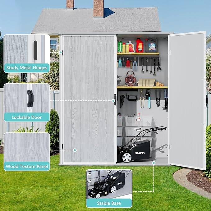 Greesum 5x3FT Plastic Outdoor Storage Shed with Floor, Resin Storaged Sheds with Lockable Door, Window & Vent, All-Weather Tool Sheds for Garden, Backyard, Pool Supplies, Light Gray (4.7×2.5FT)