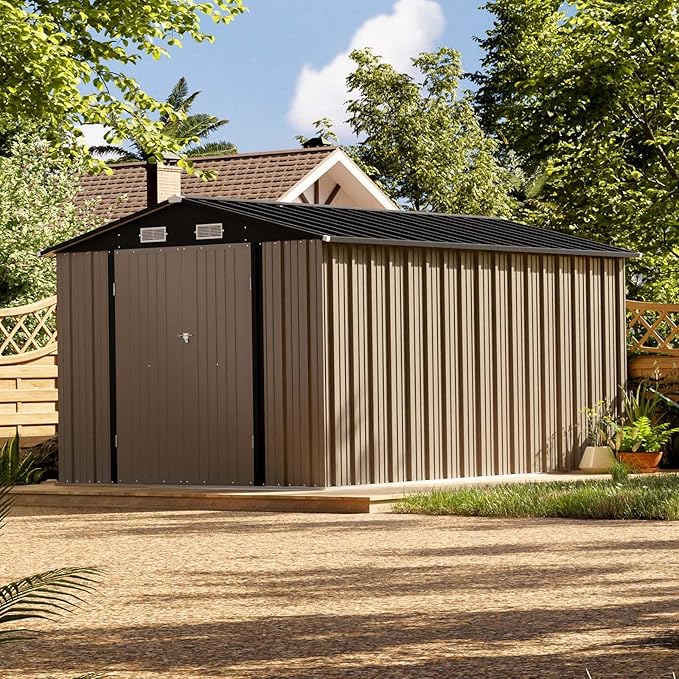 Patiolife 8 x 12 FT Metal Storage Shed for Outdoor, Steel Shed with Design of Lockable Doors, Utility and Tool Storage for Garden, Backyard, Patio, Outside Use, Brown