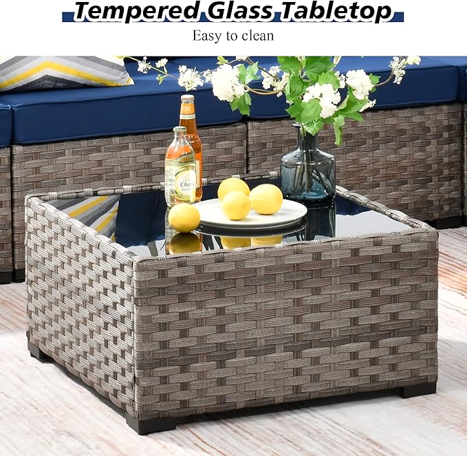 HOOOWOOO 12 Piece Modular Patio Outdoor Sectional Furniture Sofa Set,Wicker Conversation Set,Out Door Couch Set with Wide Arm for Outside All Weather(Navy Blue)