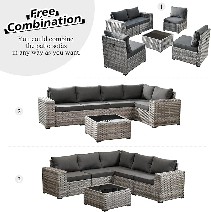 HOOOWOOO Modular Patio Outdoor Sectional Furniture Set,6 Piece Wicker Conversation Sofa Set,Out Door Couch Set with Wide Arm for Outside All Weather(Black)