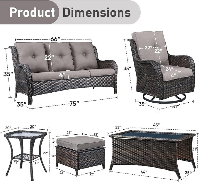 Wicker Rattan Patio Furniture Set - 7 Pieces Outdoor Couch with Swivel Chairs, Ottomans and Coffee Table for Deck, Poolside, Backyard - Brown/Grey