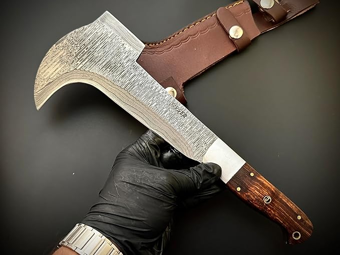 Hand Forged Damascus Steel Machete Billhook Sickle Knife | Yard Work | Machete for Cutting Trees | Brush Clearing Garden Tools | Leather Cover | Belt Loop