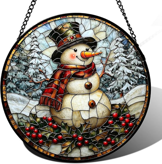 Stained Glass Window Hanging - Christmas Snowman Suncatcher for Door Terrace Garden Home Decor Winter Forest Snow Sun Catcher Birthday Gifts for Lovers Women Men Dad Mom Nana 15 in