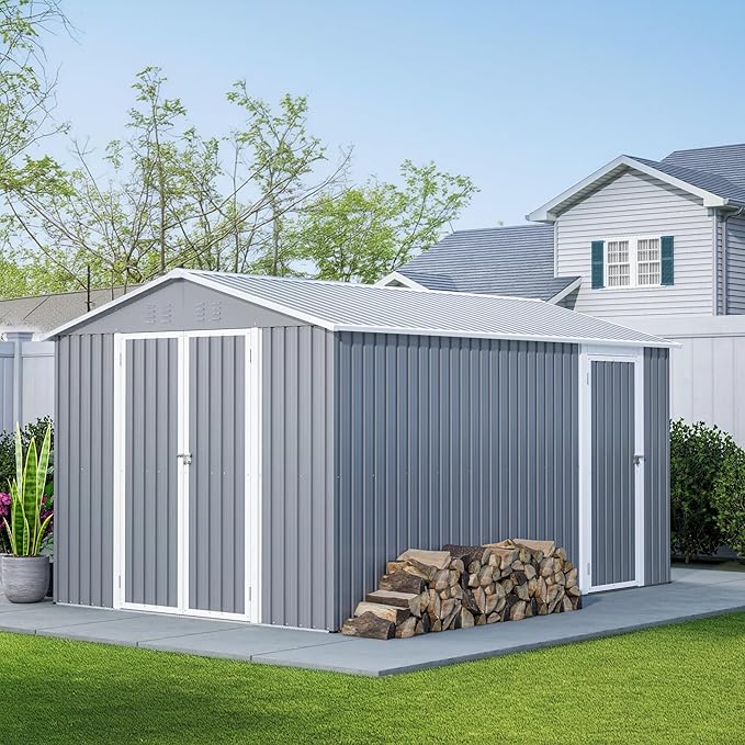 8x12 FT Large Metal Outdoor Storage Shed with Reversible Door Installation, Outdoor Shed w/Aluminium Floor Fram and Lockable Door, Garden Tool Storage Cabinet for Backyard Patio Lawn, Gray