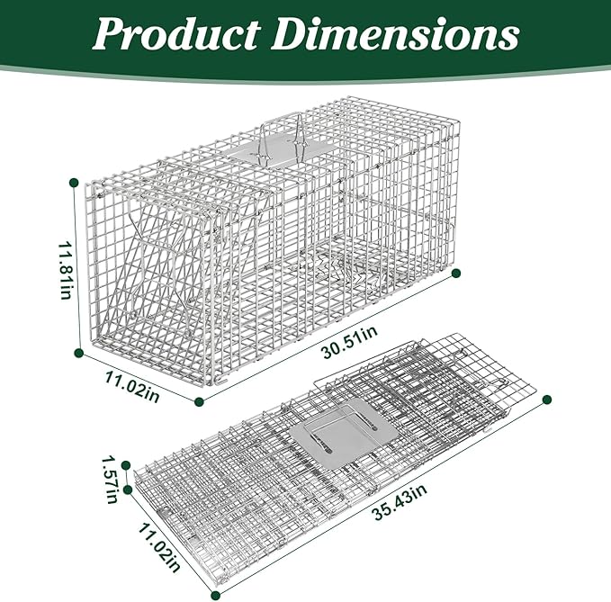 Humane Animal Trap, 30.5"x11.8"x11" Foldable Large Live Cage Traps for for Raccoons Beavers Groundhogs Foxes Armadillos and Other Live Animals, Easy to Catch and Release, Work for Indoor Outdoor