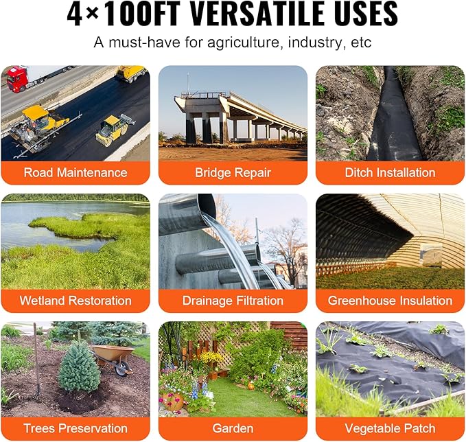 VEVOR Geotextile Landscape, 4ft x 100ft 8 oz Non-Woven PP Drainage 350N Tensile Strength & 440 N Load Capacity, for Ground Cover, Garden Fabric, French Drains, Black