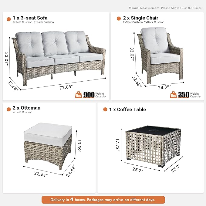 6 Pieces Patio Outdoor Furniture Set,All Weather Wicker Rattan Patio Seating Sofa and Chair Set w/Ottoman and Glowing Coffee Table,Outdoor Conversation Sets for Deck Yard Garden,Grey