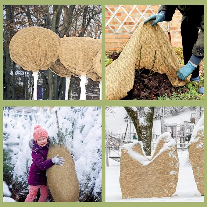 Buryeah 40 Inch x 6.6 ft Burlap Fabrics Roll Natural Jute Burlap Garden Tree Wrap Outdoor Weed Barrier DIY Fall Halloween Craft Winter Frost Plant Landscape Blankets Cloth for Plant Gardening Shrubs