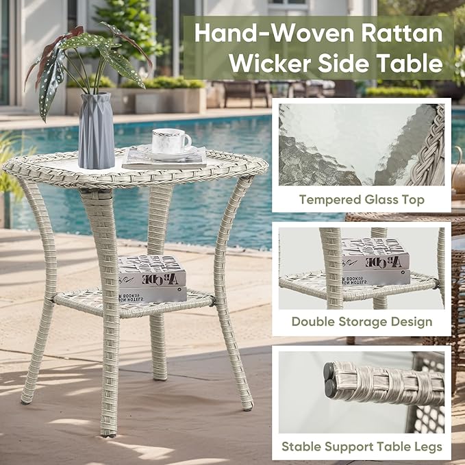 Wicker Rattan Patio Furniture Set - 7 Pieces Outdoor Couch with Swivel Chairs, Ottomans and Coffee Table for Deck, Poolside, Backyard - Light Grey/Light Blue