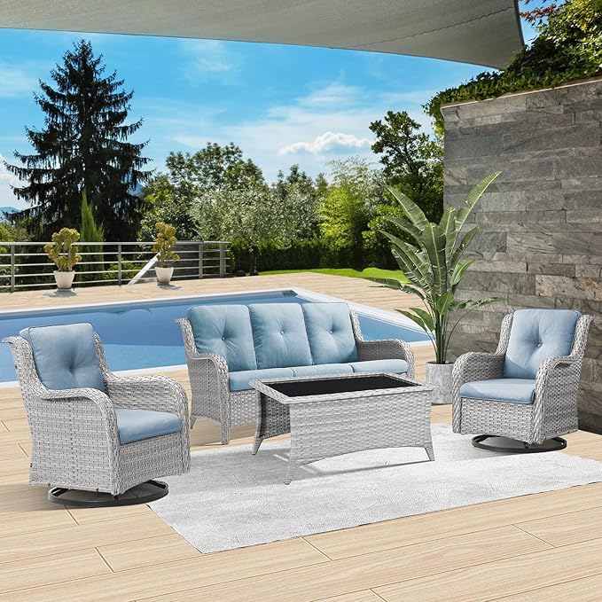Patio Furniture 4 Piece, All-Weather PE Wicker Outdoor Furniture Set with Coffee Table,Outdoor Patio Furniture with Swivel Rocker Chairs and Outdoor Sofa, White Grey/Blue