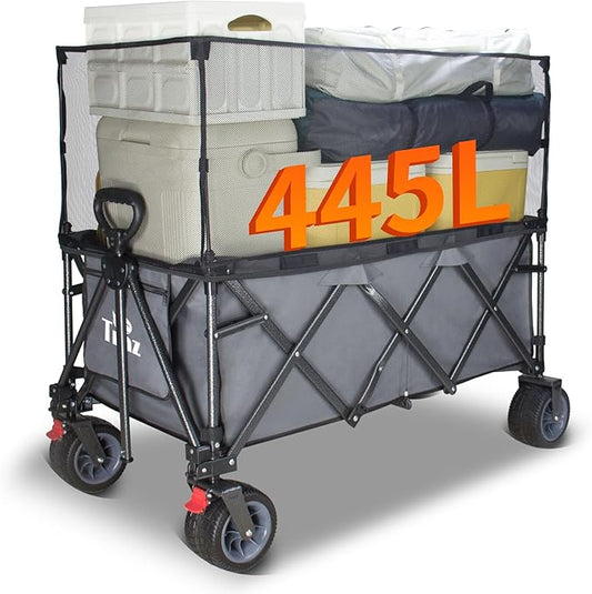 TMZ Collapsible Wagon 445L Extra Large Outdoor Utility Cart, Heavy Duty Carts Foldable with All-Terrain Big Wheels, Canopy and Brakes, Utility Beach Wagon for Outdoor Garden (Gray)