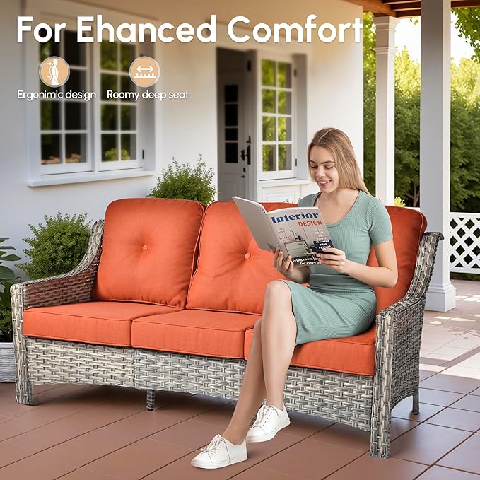 8 Pieces Patio Outdoor Furniture Set with Swivel Rocking Chairs,All Weather Wicker Rattan Patio Seating Sofa and Chair Set w/Ottoman,Outdoor Conversation Sets for Deck Yard Garden,Red