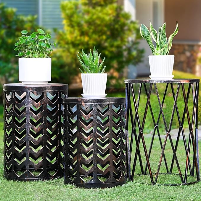 Y&M Set of 3 Black with Bronze End Tables, Nesting Metal Round Coffee Table, Heavy Duty Metal Plant Stand Garden Stool, Outdoor Multifunctional Use