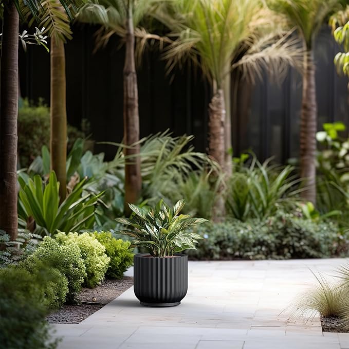 Kante Round Fulted Planter, 11 Inch Dia Large Concrete Plant Pots with Drainage Hole and Rubber Plug, Modern Decor for Indoor Outdoor Plants, Flower, Black