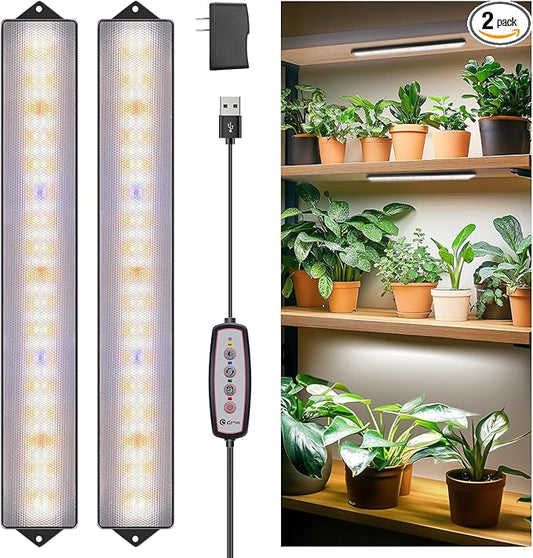 Wolezek Grow Lights for Indoor Plants, 210 LEDs Full Spectrum Plant Grow Light Strips with Upgared 4/8/12/16H Auto Timer, 13.8 Inches Bright Grow Lamp Bar for Plant Shelves and Cabinet, 2 Pack