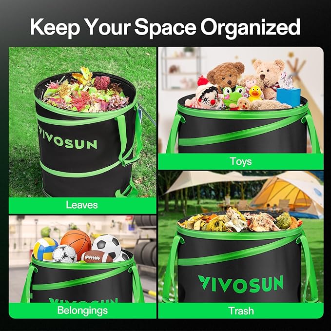 VIVOSUN Collapsible Trash Can 40-Gallon, Reusable Pop-Up Garden Bag with Hard-Shell Bottom, Leaf Scoops and Gloves, Yard Waste Container for Lawn Care and Camping