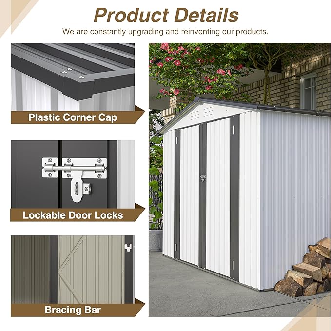 10X8 FT Outdoor Storage Shed, All Weather Metal Sheds with Lockable Doors, Tool Shed for Garden, Patio, Backyard, Lawn (White, 8x6 ft)