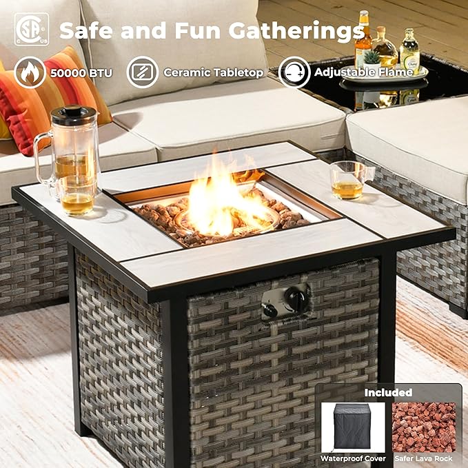 ovios 7 Pieces Patio Furniture Set, Outdoor Wicker Sectional Sofa with 30 Inch Fire Pit Table Comfy Cushions, Modern Modular Deep Seat Rattan Couch Conversation Set, Beige