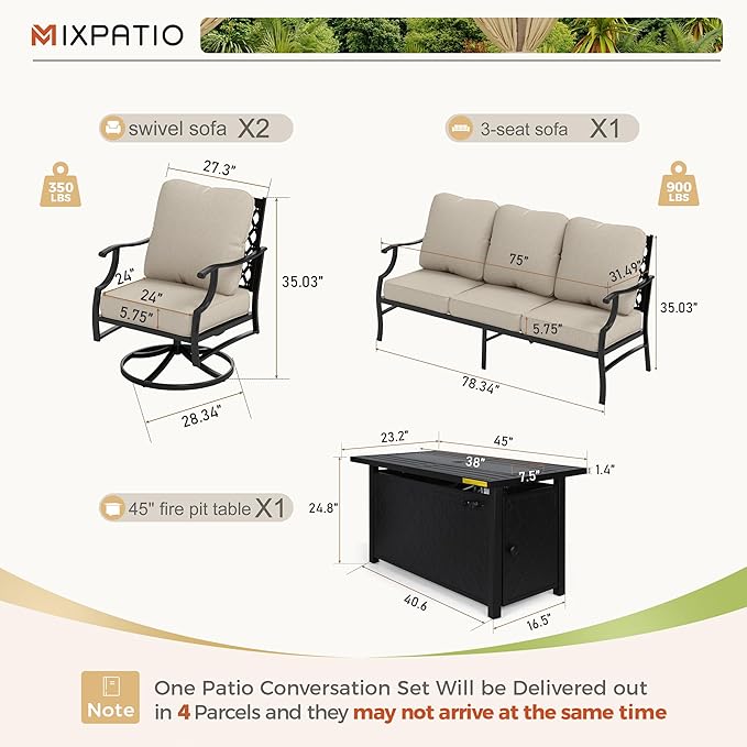 Patio Furniture Set with Firepit Table, 4 Pcs Metal Outdoor Conversation Set, 2 Swivel Chairs and 3 Seater Sofa with 5.75" Extra Thick Cushion and Gas Fire Pit Table for Backyard Deck, Beige