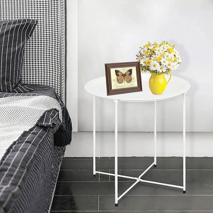 Garden 4 you End Table Metal Side Table Round Folding Tray Cyan Sofa Small Accent Fold-able Table, Round End Table Tray, Next to Sofa Table, Snack Table for Living Room and Bed Room,White