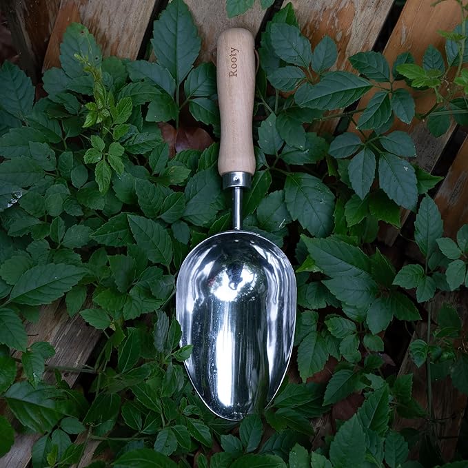 Rooty Gardening Soil Scoop with Stainless Steel,Wooden Handle Easy for Transplanting, Digging, Planting, Essential Gardening Tools and Accessories for Gardening Gifts