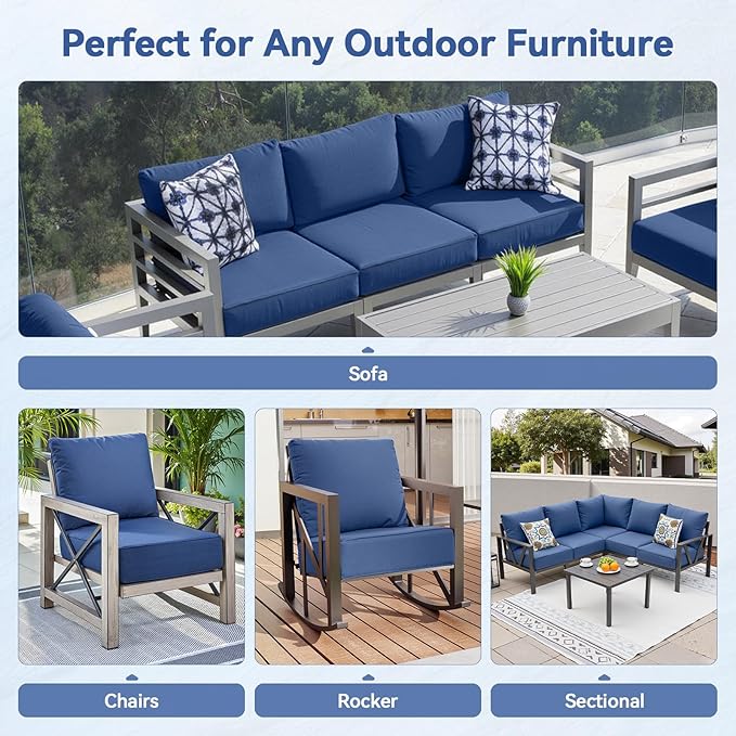 Luxury 6" Outdoor Cushions for Patio Furniture, 24x24x6 Thick Seat Cushion Set of 2, Fade Resistant Couch Chair Replacement Cushions High Density Deep Wicker Chair Cushion w/Removable Cover, Blue