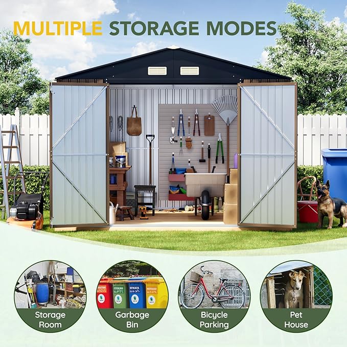 Breezz Outdoor Storage Shed 10 x 12ft. Utility Tool Shed Metal Storage Garden Shed with Lockable Doors, Windows & Metal Frame Floor for Patio Storage,Brown