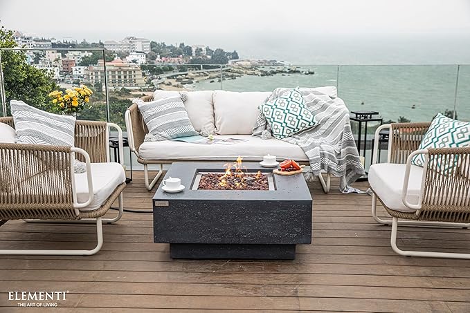 Elementi Manhattan Gas Fire Pit Cast Concrete Fire Table, Outdoor Fire Pit Electronic Ignition | Canvas Cover, Lava Rock Included | Free AMS Wind Guard | Dark Gray (Propane Gas)