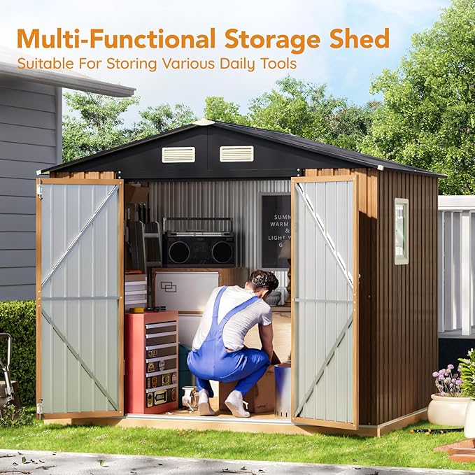 8X6FT Garden Storage Shed with Frame Floor & Lockable Doors,Steel Tool Shed with 1 Clear Window, Anti-Corrosion Metal Shed for Backyard Patio Lawn (Wood Panels Not Included)