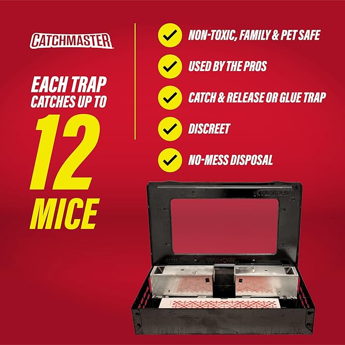 Catchmaster Pro Series Multi-Catch Mouse Trap, Humane Mouse Trap Indoor for Home, Includes 1 Replaceable Glue Board, Pet Safe Pest Control, Live Catch for Garage & Shed (Black)