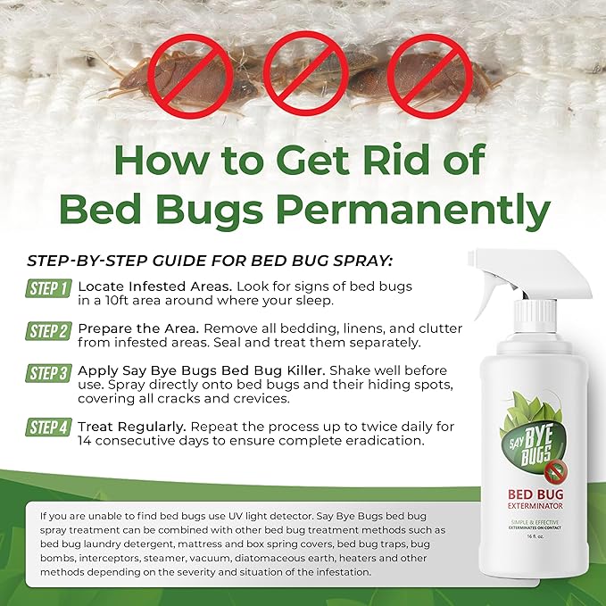 Bed Bug Spray for Getting Rid of Bed Bugs Permanently. Say Bye Bugs - a Non-Toxic, Kill on Contact Treatment That Doesn't Stain & is Odor Free. Simply Shake & Spray (1x 16oz).