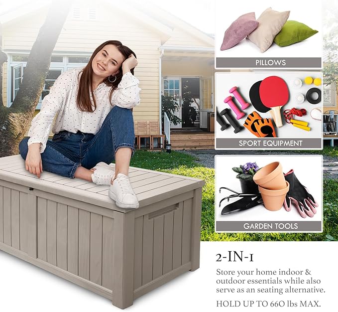 AJP Distributors 120 Gallon Outdoor Storage Box, Rain Waterproof Resin Deck Box, Lockable Large Storage Container for Patio Furniture, Cushions, Garden Tools, Sports Equipment and Pool Supplies Taupe