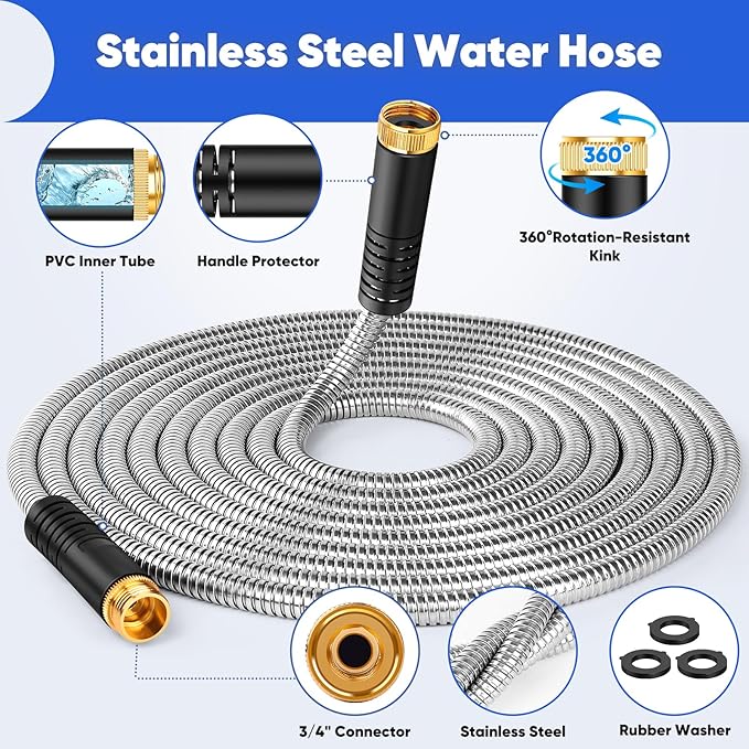 Garden Hose 100 ft, Stainless Steel Metal Water Hose with Adjustable 10-Mode Spray Nozzle, Lightweight Hose, No Kink, Leak-proof, Puncture Resistant for Yard, Outhood, RV