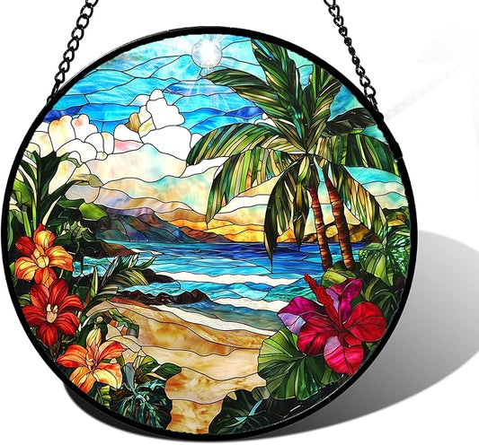 Stained Glass Window Hanging, Blue Beach Scenery Suncatcher Diamond Glass Panel Hangings Sun Catchers Decor for Birthday for Women, Men, Wife, Aunt, and Mom 6.3 in