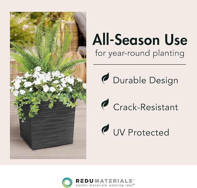 Tierra Verde Indoor & Outdoor Self-Watering Square Planter, Citadel Serenity, 14”, Black - Planting Containers for Plants and Flowers - Gardening and Landscaping Accessories