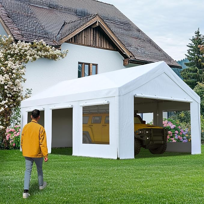 Quictent Heavy Duty 12x20 ft Carports with Side Zipper Doors & Snowproof Steel Cables & Ventilated Windows, Waterproof Storage Shelter for Car, Boat, RV, Outdoor Equipment, White