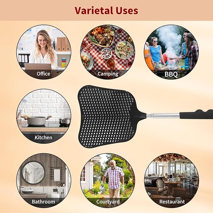 Fly Swatters 3 Pack Black, Durable Telescopic Stainless Steel Handle, Heavy Duty Upgraded Plastic Fly Swatter Set for Indoor Outdoor Home Hiking Camping Garden
