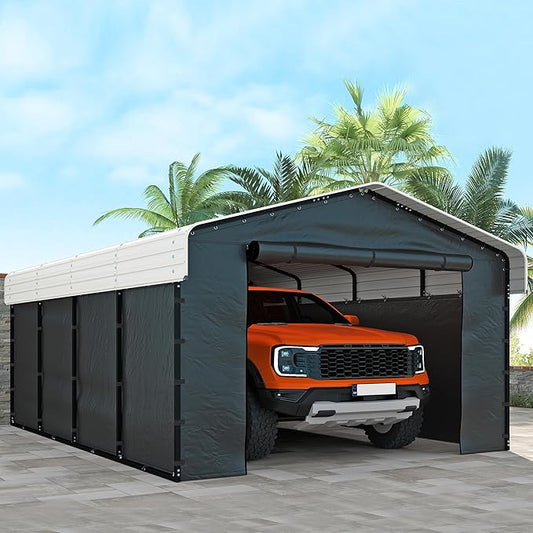 Real Relax 12x20ft Metal Carport, Heavy Duty Metal Carport Canopy Galvanized Steel Roof with Removable PE Sidewalls, Outdoor Car Shelter for Car, Boats and Truck, Cream White